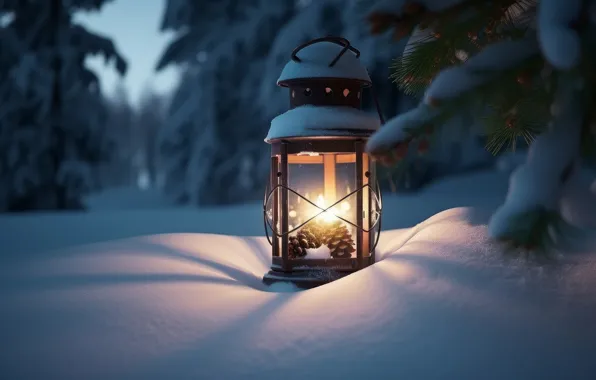 Winter, light, snow, night, candle, Christmas, flashlight, lantern