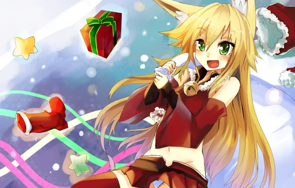 Picture new year, art, Fox, costume, girl, tail, gifts, ears