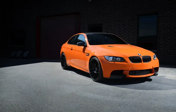 Orange, bmw, BMW, front view, orange, e92, black rims