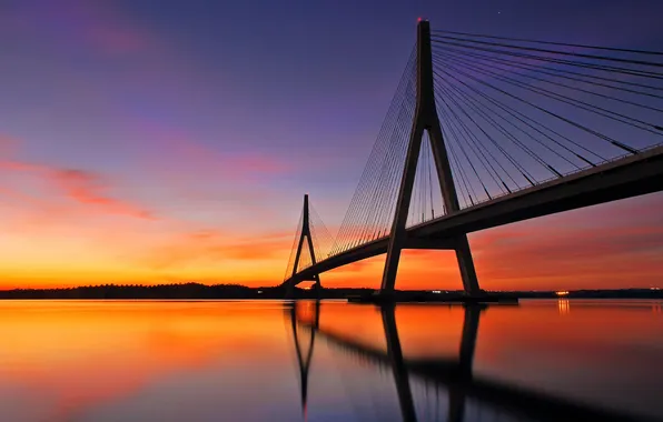 Sunset, bridge, river, Spain
