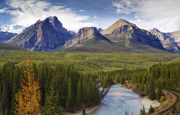 Picture road, autumn, forest, the sky, clouds, trees, mountains, river