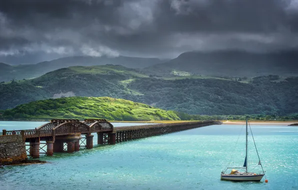 Picture field, forest, clouds, mountains, clouds, bridge, river, yacht