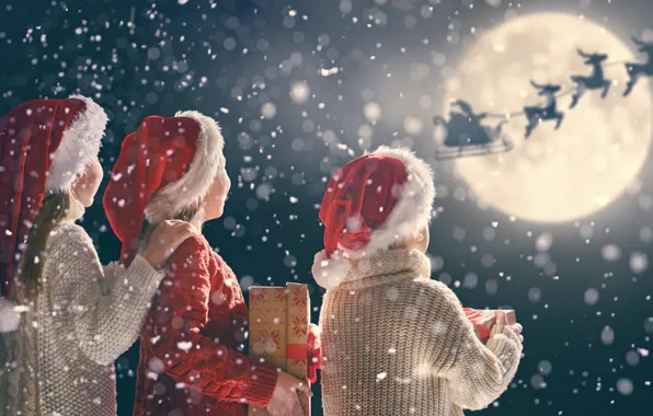 Picture snow, children, holiday, gift, new year, deer, Christmas