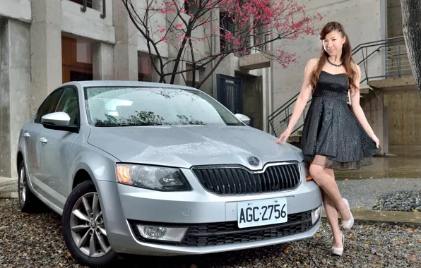 Picture auto, look, Girls, Asian, beautiful girl, posing on the car, Skoda Octavia