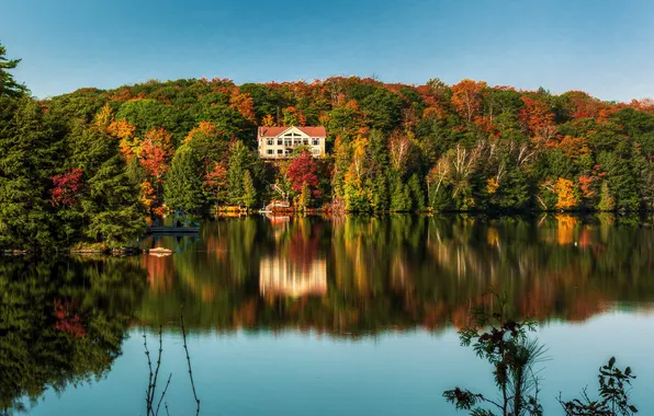 Autumn, forest, lake, house, reflection