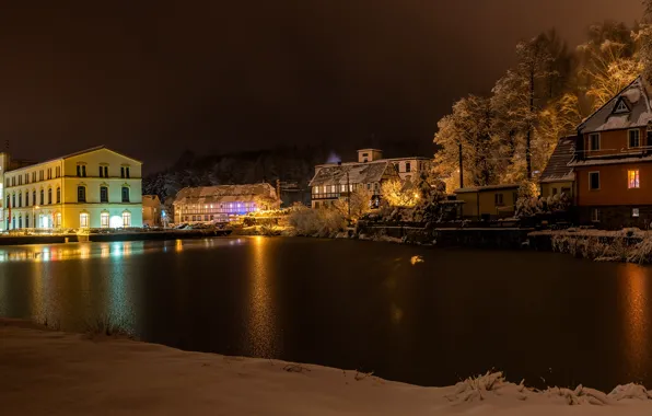 Picture winter, snow, trees, night, lights, river, home, Germany