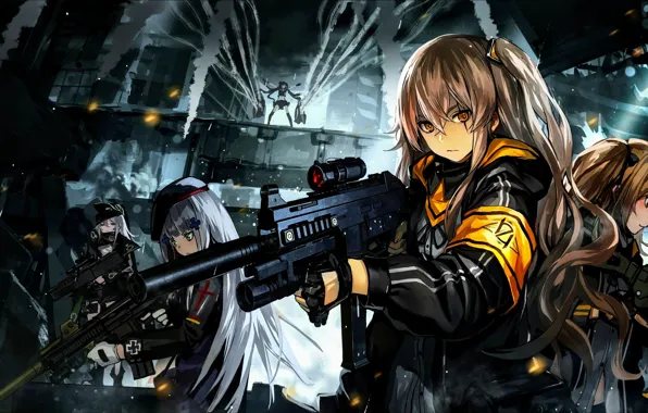Picture gun, smoke, blonde, gloves, girls with guns, anime girls, uniform, scars