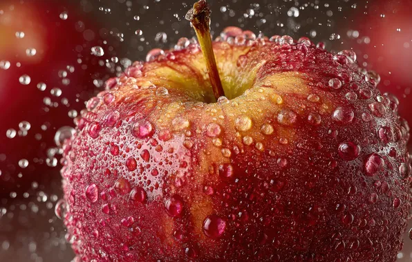 Drops, macro, squirt, red, Apple, fruit, AI art, neural network