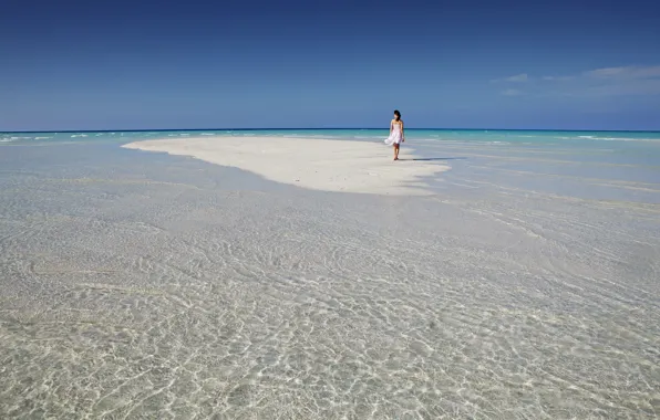 Sand, beach, water, girl, clouds, background, the ocean, widescreen