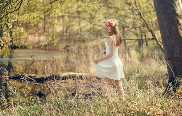Forest, summer, girl, glade, dress, blonde, girl, Nathan Photography