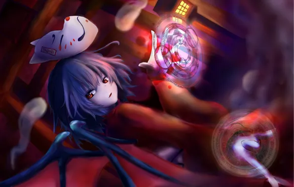 Perfume, spell, red eyes, torii, vampire, demon mask, Touhou Project, Remilia Scarlet