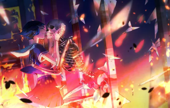 Picture glass, girl, fragments, fire, kiss, anime, art, bones