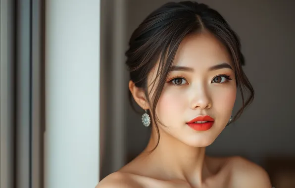 Picture look, girl, face, portrait, makeup, Asian, AI art, nyeroset