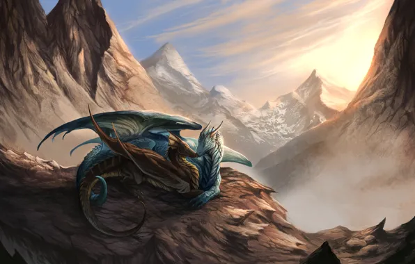 Picture light, snow, mountains, pair, Dragons