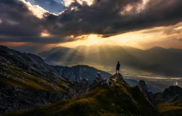 Picture clouds, sunset, mountains, the evening, Germany, Bayern, man, solnechniye