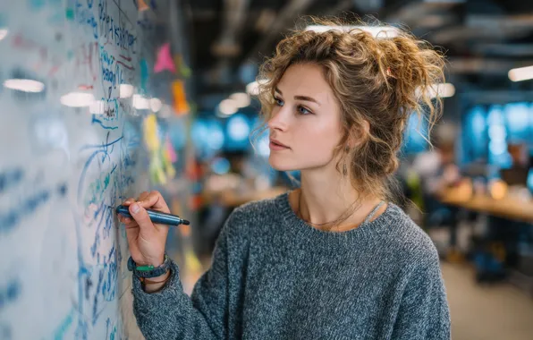 Girl, labels, people, Board, brown hair, records, the room, sweater