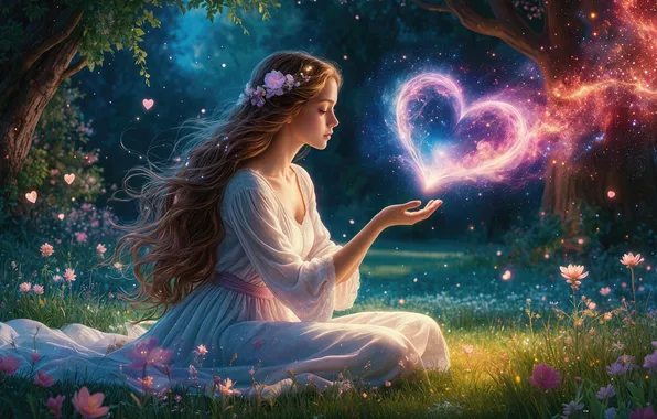 Forest, light, flowers, pose, lights, glade, heart, fairy