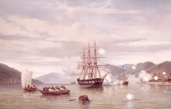 Picture, seascape, Jacob Eduard van Heemskerck of Big, The steamer Medusa Breaks through the Strait