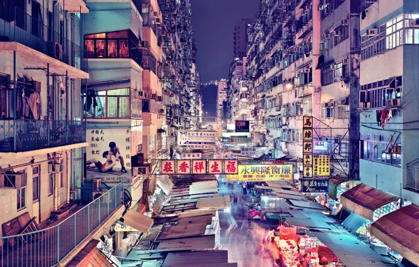 People, food, Hong Kong, neon, China, downtown, apartments, stores