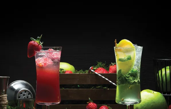 Ice, glasses, cocktail, mint, strawberry, lemon, Kamran Aydinov
