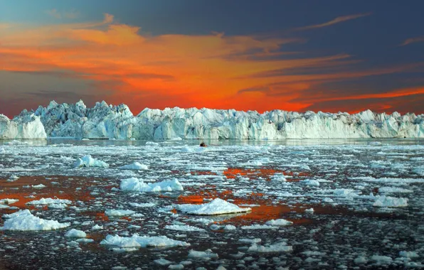 Picture ice, sea, the sky, glow, Greenland, Ilulissat ice fjord
