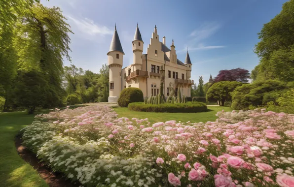 Landscape, castle, spring, architecture, landscape, pink, blossom, beautiful