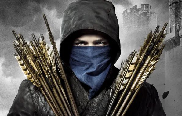 Picture look, background, jacket, hood, fortress, arrows, adventure, poster