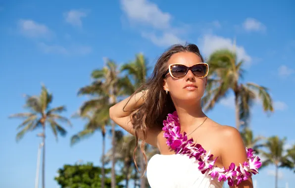 Picture the sky, the sun, flowers, pose, palm trees, portrait, makeup, dress