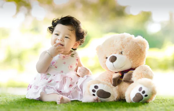 Picture joy, smile, green grass, child, baby, smile, baby, teddy bear