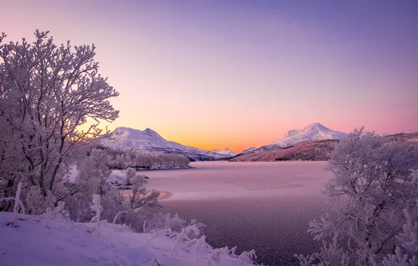 Winter, trees, mountains, lake, Norway, Norway, The Scandinavian mountains, Scandinavian Mountains