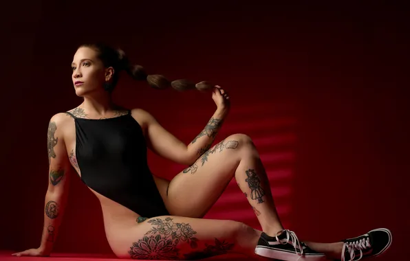 Swimsuit, girl, pose, sneakers, hands, figure, tattoo, legs