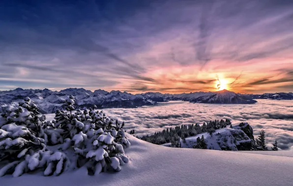 Winter, snow, sunset, mountains, fog, Switzerland, Alps, the snow