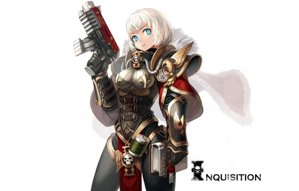 Picture girl, weapons, art, white background, book, warhammer 40k, xil