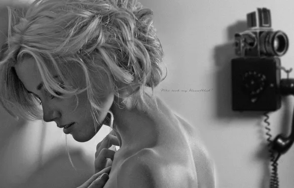 Girl, blonde, black and white, phone