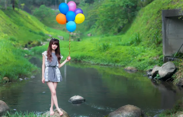 Picture look, girl, balls, nature, face, stream, dress