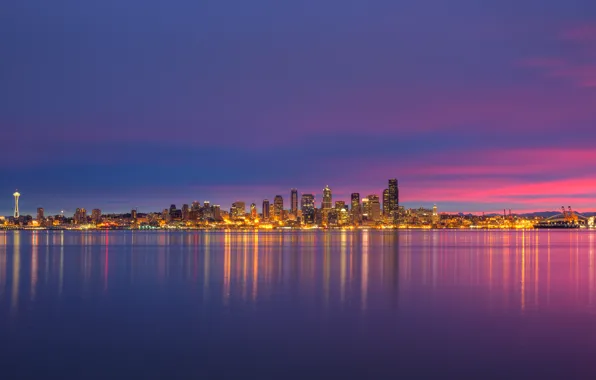 Lights, USA, Space Needle, United States, skyline, night, sunrise, reflection