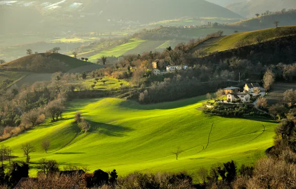 Picture grass, trees, mountains, hills, field, home, Italy