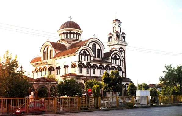Trees, the city, transport, street, crosses, fence, temple