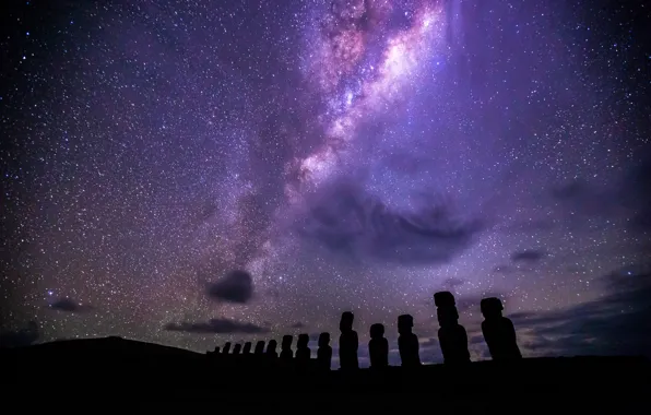Picture Easter Island, structure &amp; formation, Moai, under the Milky Way, Ahu Tongariki