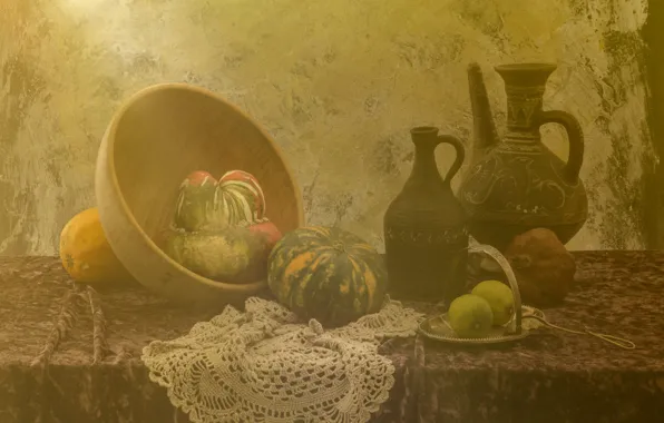 Table, pumpkin, lime, bowl, pitcher, fruit, still life, napkin