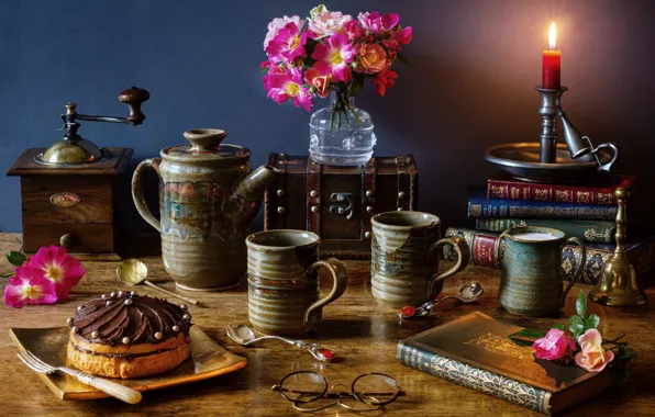 Flowers, books, candle, kettle, glasses, cake, mugs, still life