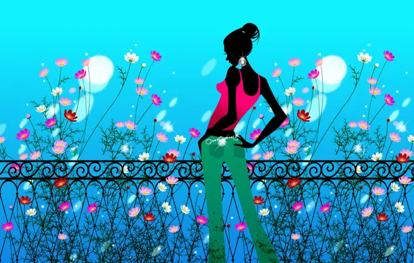 Girl, flowers, figure, the fence, profile, kosmeya
