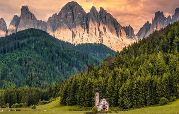 Forest, light, mountains, the slopes, tops, ate, Alps, Church