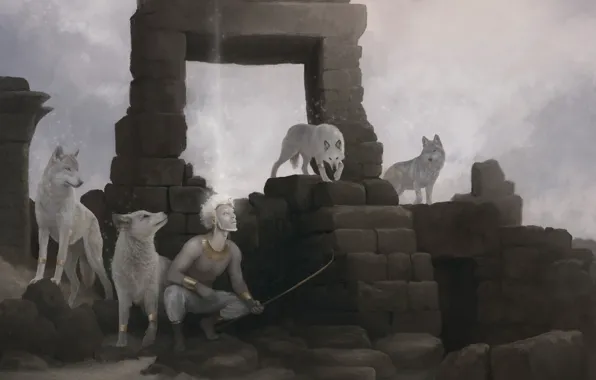 Bow, wolves, ruins, albino