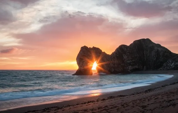 Sea, wave, beach, the sun, rays, sunset, rocks, dawn