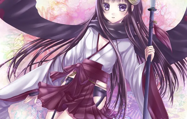 Picture flower, girl, butterfly, weapons, anime, art, spear, dog