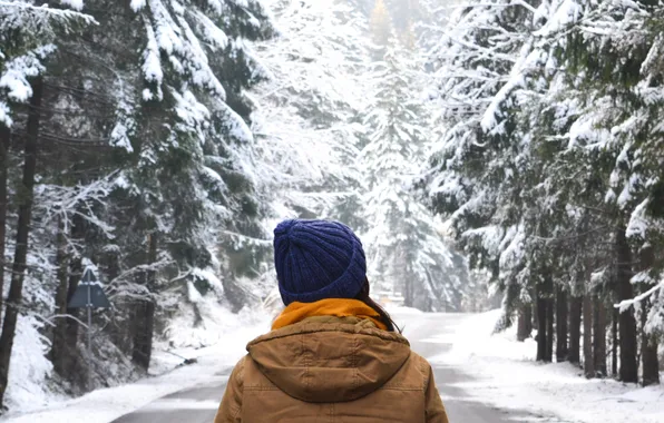 Picture winter, girl, snow, jacket, hood