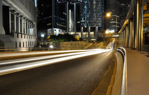 Picture road, lights, street, skyscrapers, cars, hong kong, priority, exposure