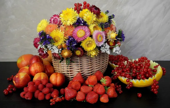 Flowers, berries, raspberry, strawberry, fruit, still life, basket, melon