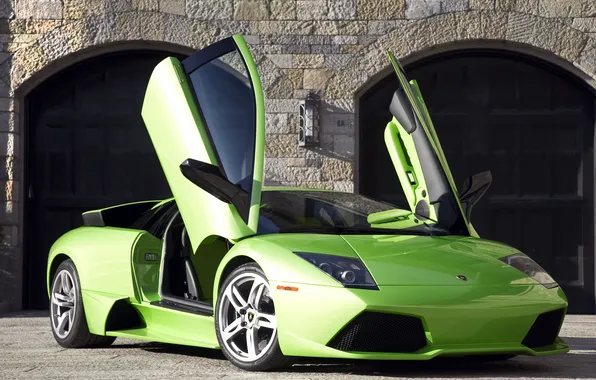 Green, Lamborghini, green, Lamborghini, Murcielago, open doors, LP640, murciélago